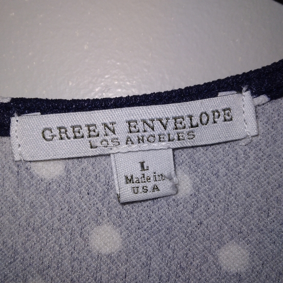 NWOT Green Envelope Los Angeles Navy/White Polka Dot Faux Wrap Top Sz. Large - Picture 4 of 8